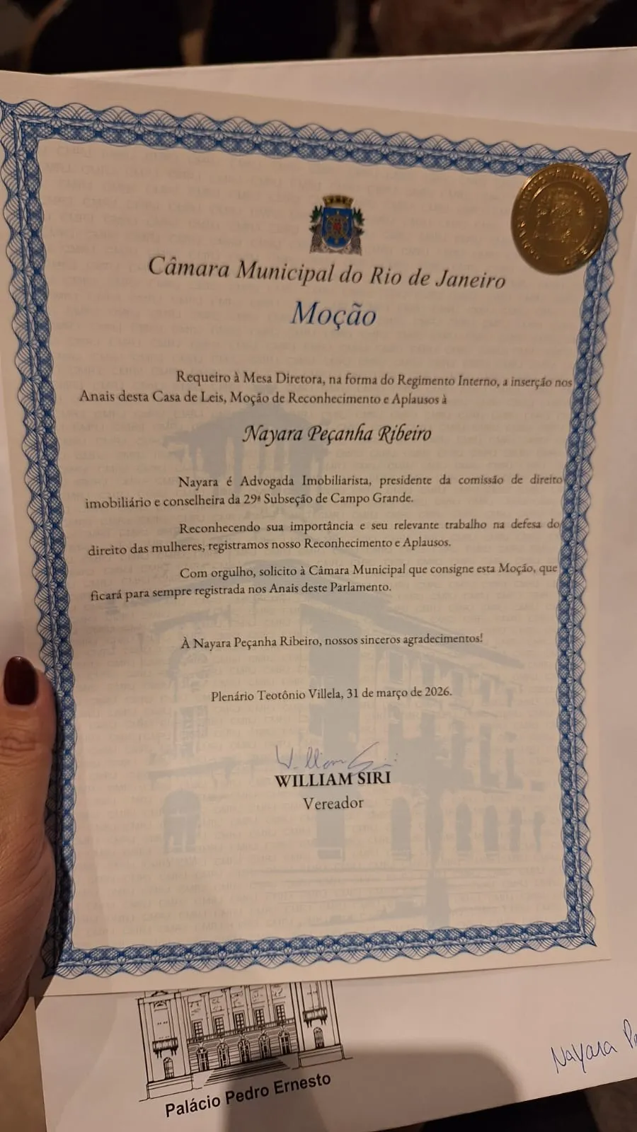 Certificado de Moção da Câmara Municipal